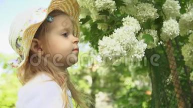 一个小女孩在阳光明媚的日子里在花园里吸入花香。